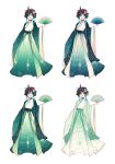  1boy absurdres androgynous bangs black_hair blue_hair blush braid chinese_clothes commentary english_commentary floral_print flower folding_fan full_body genshin_impact gradient_hair green_eyes hair_flower hair_ornament hand_fan hanfu hat hat_flower highres holding holding_fan long_sleeves looking_at_viewer male_focus multicolored_hair nekojinnyart open_mouth short_hair_with_long_locks side_braids sidelocks simple_background smile solo twin_braids venti_(genshin_impact) white_background white_flower wide_sleeves 