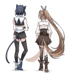  2girls animal_ears asymmetrical_legwear bare_shoulders belt black_gloves blouse blue_hair boots brown_hair cat_ears cat_tail clipe crossed_arms dog_ears dog_tail feather_hair_ornament feathers from_behind gloves hair_ornament hololive hololive_english kemonomimi_mode long_hair multiple_girls nanashi_mumei ouro_kronii ponytail shirt short_hair skirt tail tail_wagging thigh-highs uneven_legwear virtual_youtuber 