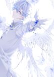  1boy absurdres angel angel_wings arrow_(projectile) ascot blue_eyes blue_theme byuey coat crescent highres long_sleeves looking_at_viewer male_focus open_mouth original short_hair solo teeth white_hair white_theme wings 