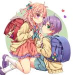  1boy 1girl aqua_eyes backpack bag blue_background blush circle closed_mouth facing_another frown heart highres long_hair looking_at_viewer multicolored_background original pink_hair randoseru rii_(pixiv11152329) short_hair siblings smile star_(symbol) twins white_background 
