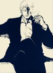  1boy all_for_one_(boku_no_hero_academia) anco_(anco_jamz) arm_support bad_source boku_no_hero_academia collared_shirt crossed_legs formal highres male_focus monochrome parted_lips shaded_face shirt short_hair simple_background sitting smile smoke smoking smug suit twitter_username 