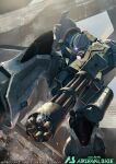  chain_gun deraken glowing glowing_eye gouf_custom gundam gundam_08th_ms_team gundam_arsenal_base holding holding_shield holding_sword holding_weapon looking_down mecha mobile_suit no_humans official_art one-eyed robot rubble shield shoulder_spikes solo spikes sword violet_eyes weapon 