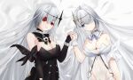  2girls absurdres ahoge azur_lane black_dress black_vs_white contrast detached_collar dress dual_persona emden_(azur_lane) flower flower_eyepatch flower_in_eye flower_over_eye hand_on_own_chest highres hug lilin long_hair multiple_girls padlocked_collar red_flower red_rose rose symbol_in_eye upper_body white_dress white_flower white_hair white_rose 