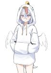  1girl absurdres angel_wings azusa_(blue_archive) bangs blue_archive highres hood hoodie looking_at_viewer low_wings peroro_(blue_archive) pink_eyes syhan tears tongue tongue_out white_hair white_hoodie white_wings wings 