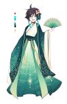  1boy absurdres androgynous bangs black_hair blue_hair blush braid chinese_clothes color_guide commentary english_commentary floral_print flower folding_fan full_body genshin_impact gradient_hair green_eyes hair_flower hair_ornament hand_fan hanfu hat hat_flower highres holding holding_fan long_sleeves looking_at_viewer male_focus multicolored_hair nekojinnyart open_mouth short_hair_with_long_locks side_braids sidelocks simple_background smile solo twin_braids venti_(genshin_impact) white_background white_flower wide_sleeves 