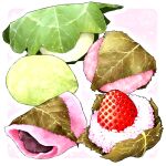  border dated food fruit highres kashiwa_mochi_(food) mochi ooranokohaku original outline pink_background red_bean_paste sakura_mochi still_life strawberry wagashi white_border white_outline 