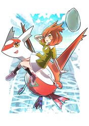  1girl absurdres bangs bianca_(pokemon_heroes) black_socks brown_eyes brown_hair full_body green_shirt hat hat_removed headwear_removed highres kakashino_kakato latias looking_at_viewer medium_hair open_mouth pink_footwear pokemon pokemon_(creature) shirt skirt socks white_headwear white_skirt 