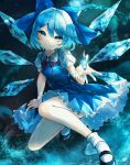  1girl black_footwear blue_bow blue_dress blue_eyes blue_hair bow cirno closed_mouth detached_wings dress fairy frilled_dress frills hair_between_eyes hair_bow highres ice ice_wings kyogoku-uru looking_at_viewer puffy_short_sleeves puffy_sleeves shirt shoes short_hair short_sleeves smile socks solo touhou white_shirt white_socks wings 