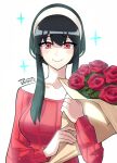 1girl absurdres artist_name bare_shoulders black_hair blush bouquet daminite flower hairband highres long_hair long_sleeves looking_at_viewer red_eyes red_flower red_rose rose sidelocks simple_background smile solo spy_x_family white_background white_hairband yor_briar 