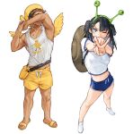  1boy 1girl bare_legs biceps black_hair blue_eyes blue_shorts breasts bright_pupils clenched_hand feathered_wings hairband highres long_hair medium_breasts midriff muscular muscular_male navel one_eye_closed original pectorals print_tank_top rinotuna sandals shirt shoes shorts simple_background snail_costume tank_top tears v white_background white_footwear white_pupils white_shirt white_tank_top wings yellow_footwear yellow_headwear yellow_wings 