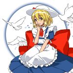  1girl animal apron between_legs bird blonde_hair blue_dress bow circle commentary dove dress flying frilled_apron frills hand_between_legs hand_to_own_mouth hand_up hat kaigen_1025 kana_anaberal long_dress maid_apron oversized_clothes puffy_short_sleeves puffy_sleeves red_bow short_hair short_sleeves sitting solo touhou touhou_(pc-98) white_apron white_background white_headwear yellow_eyes 
