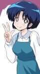  1girl bangs blue_dress blue_hair bright_pupils brown_eyes closed_mouth commentary dress dress_shirt fuurinkan_high_school_uniform highres long_sleeves looking_at_viewer pinafore_dress ponzu_rui ranma_1/2 school_uniform shirt short_hair smile solo tendou_akane upper_body w white_background white_pupils white_shirt wing_collar 