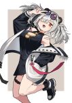 1girl absurdres arknights breasts china_dress china_minidress chinese_clothes cleavage_cutout clothing_cutout dress evolvingmonkey eyewear_on_head fang feater_(arknights) grey_hair hair_over_one_eye hand_in_pocket highres jacket large_breasts orange_eyes sunglasses twintails v