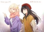  2girls :d black_hair blonde_hair breasts closed_eyes copyright_name flat_chest hair_ornament hairclip highres inoue_takina looking_at_viewer lycoris_recoil medium_breasts multiple_girls nishikigi_chisato official_alternate_costume official_art open_mouth orange_scarf purple_shirt scarf shirt smile sweater tokira_nozumi violet_eyes white_hair yellow_sweater yuri 