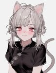  1girl animal_ears antenna_hair aogisa blush cat_ears cat_girl cat_tail chinese_clothes closed_mouth double_bun eyelashes eyeshadow grey_background grey_hair hair_bun highres long_eyelashes long_hair looking_at_viewer makeup mole mole_under_eye original pink_eyeshadow simple_background smile solo tail twintails upper_body 