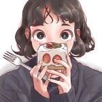  1girl bangs black_eyes black_hair black_sweater bright_pupils cake covering_mouth desert food fork fruit holding holding_food holding_fork ico_illust long_sleeves looking_at_viewer original short_hair simple_background solo strawberry sweater white_background white_pupils 