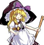 1girl alphes apron black_headwear black_skirt black_vest blonde_hair bow braid broom buttons frills hair_bow hat hat_bow kirisame_marisa long_hair looking_at_viewer official_art open_mouth puffy_short_sleeves puffy_sleeves shirt short_sleeves simple_background single_braid skirt smile solo touhou vest white_apron white_background white_bow white_shirt witch_hat yellow_eyes 