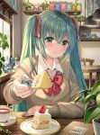  1girl banned_artist blush bow brown_sweater cake cake_slice chair closed_mouth collared_shirt commentary cup day dress_shirt feeding food fork green_eyes green_hair hair_ribbon hatsune_miku highres holding holding_fork incoming_food indoors long_hair long_sleeves looking_at_viewer menu plant potted_plant red_bow red_ribbon revision ribbon sakura_miku saucer shelf shirt sitting sleeves_past_wrists smile solo sweater table teacup twintails very_long_hair vocaloid white_shirt window yuuka_nonoko 