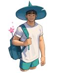  1boy aqua_bag aqua_shorts backpack bag cowboy_shot cropped_legs highres original rinotuna shirt short_sleeves shorts simple_background solo star_(symbol) wand white_background white_shirt 