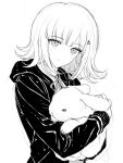  1girl animal bangs collared_shirt danganronpa_(series) danganronpa_2:_goodbye_despair flipped_hair galaga grey_background greyscale hair_ornament highres holding holding_animal hood hood_down hooded_jacket jacket long_sleeves looking_at_viewer medium_hair monochrome nanami_chiaki neck_ribbon open_clothes open_jacket rabbit ribbon shirt simple_background smile solo upper_body vo1ez 