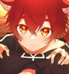  1boy :3 animal_ears bandaid bandaid_on_hand black_shirt blush child closed_mouth food food_on_face highres looking_at_viewer looking_up male_child male_focus original pov redhead shirt short_hair short_sleeves solo tatsu_wan thick_eyebrows wolf_boy wolf_ears 