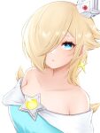  1girl bare_shoulders blonde_hair blue_eyes closed_mouth crown earrings hair_over_one_eye highres jewelry looking_at_viewer rosalina short_hair simple_background solo star_(symbol) star_earrings super_mario_bros. super_mario_galaxy tomatomiya upper_body white_background 