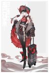  1girl asymmetrical_horns black_footwear black_horns boots detached_sleeves grey_eyes highres holding holding_microphone horns long_sleeves microphone naasaa original red_horns red_pupils rope solo wide_sleeves 