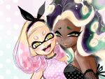  2girls bad_id bad_twitter_id bangs black_dress blunt_bangs blush dark-skinned_female dark_skin domino_mask dress fangs formal gradient_hair green_eyes hair_ribbon halterneck lips long_hair marina_(splatoon) mask mole mole_under_mouth multicolored_hair multiple_girls pearl_(splatoon) pink_dress pink_hair polka_dot polka_dot_dress ribbon shijukatako short_eyebrows sleeveless sleeveless_dress smile splatoon_(series) splatoon_2 tentacle_hair upper_body yellow_eyes 