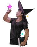  1boy arm_up black_hair black_headwear book cowboy_shot dark-skinned_male dark_skin hat highres holding holding_book original profile rinotuna short_hair simple_background smile solo star_(symbol) tongue tongue_out white_background witch_hat 