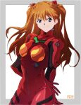  1girl blue_eyes bodysuit breasts closed_mouth dated gloves hair_ornament long_hair looking_at_viewer neon_genesis_evangelion orange_hair osanpogakari plugsuit red_bodysuit simple_background smile solo souryuu_asuka_langley standing white_background 