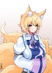  1girl absurdres ahoge animal_ear_fluff animal_ears bangs blonde_hair breasts closed_mouth fox_ears fox_girl fox_tail hands_in_opposite_sleeves highres juliet_sleeves kitsune large_breasts long_sleeves looking_at_viewer multiple_tails no_headwear puffy_sleeves short_hair signature simple_background smile solo tabard tail touhou upper_body white_background yagoro_kusuriya yakumo_ran yellow_eyes 
