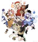  4girls absurdres alternate_costume animal_ear_fluff animal_ears arm_up arrow_(projectile) backpack bag bangs baseball_bat baton_(weapon) beanie beret black_footwear black_headwear black_shorts book boots bow bow_(weapon) bowtie brown_hoodie buruma cat_ears cat_girl cat_tail chinese_clothes closed_mouth clothes_around_waist compound_bow daruma_doll diona_(genshin_impact) dodoco_(genshin_impact) drawing_bow dress drone ears_through_headwear expressionless fingerless_gloves floating floating_book floating_object genshin_impact gloves green_eyes grey_hair hair_ornament hat highres holding holding_bow_(weapon) holding_weapon hood hood_up hoodie klee_(genshin_impact) kuji-in layered_dress leaf leaf_on_head long_hair menthako multiple_girls neck_ribbon open_mouth pink_dress pink_eyes pink_hair purple_hair qiqi_(genshin_impact) quiver raccoon_ears raccoon_girl raccoon_tail red_dress red_eyes red_headwear ribbon sandals sayu_(genshin_impact) shirt short_sleeves shorts shoulder_bag simple_background smile tail thermos thick_eyebrows toeless_footwear toes tongue tongue_out topknot v-shaped_eyebrows weapon weibo_username white_background 