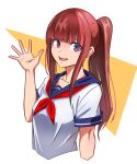  1girl :d blue_sailor_collar brown_hair collared_shirt cropped_arms cropped_torso highres long_hair looking_at_viewer neckerchief open_mouth original outstretched_hand ponytail red_neckerchief sailor_collar sailor_shirt school_uniform serafuku shiny shiny_hair shirt short_sleeves sidelocks sketch smile solo sushi_(sashimise) very_long_hair violet_eyes waving white_background white_shirt 