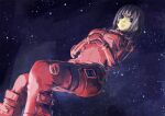  blue_eyes bodysuit breasts closed_mouth commentary_request feet_out_of_frame formal hoshijiro_shizuka kath looking_at_viewer medium_breasts night night_sky outdoors red_suit sidonia_no_kishi sky space star_(sky) starry_sky suit 