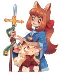  2girls :d agnes_(tealst) animal_ears blue_dress borrowed_character bow brown_eyes brown_hair dress fang hair_bow highres holding holding_weapon horizontal_pupils horns long_hair long_sleeves looking_at_viewer maple_(tealst) multiple_girls one_eye_closed orange_eyes original polearm ponytail red_bow red_dress sheep_ears sheep_horns signature simple_background smile spear sui_(suizilla) v weapon white_background white_hair 