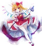  1girl :3 alternate_headwear ascot bangs blonde_hair bow brooch cape closed_mouth commentary crown crystal dress fang flandre_scarlet frilled_dress frills full_body fur-trimmed_cape fur_trim hair_bow highres holding jewelry kyogoku-uru laevatein_(touhou) long_hair looking_at_viewer one_side_up pointy_ears puffy_short_sleeves puffy_sleeves red_bow red_dress red_eyes red_footwear shirt shoes short_sleeves smile solo thigh-highs touhou white_background white_shirt white_thighhighs wings wristband yellow_ascot 