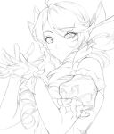  1girl absurdres bangs bare_shoulders bow closed_mouth detached_sleeves dress drill_hair greyscale gwen_(league_of_legends) hair_bow hair_ornament hands_up highres league_of_legends long_hair monochrome own_hands_together potatohell simple_background sketch smile solo star-shaped_pupils star_(symbol) symbol-shaped_pupils twin_drills twintails upper_body 