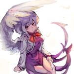  1girl blush closed_mouth dress feathered_wings feathers feet_out_of_frame grey_hair grey_jacket highres jacket kishin_sagume long_sleeves open_clothes open_jacket purple_dress red_eyes short_hair shouxishao_jiuyuan simple_background single_wing solo touhou white_background white_wings wings 