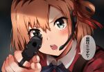  1girl black_background commentary_request cosplay fingernails gradient gradient_background gun hair_between_eyes hair_ribbon handgun headset highres holding holding_gun holding_weapon looking_at_viewer lycoris_recoil miyamori_aoi nishikigi_chisato nishikigi_chisato_(cosplay) open_mouth orange_hair red_ribbon ribbon shirobako short_hair solo speech_bubble tahita1874 teeth translation_request upper_body weapon 