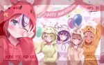  5girls absurdres ahoge animal_ears anniversary balloon bangs battery_indicator black_hair blonde_hair blue_eyes blue_hair boros_(ouro_kronii) braid braided_bangs brown_eyes brown_hair ceres_fauna confetti dark-skinned_female dark_skin friend_(nanashi_mumei) green_hair hair_intakes hair_ornament hakos_baelz highres holocouncil hololive hololive_english light_brown_hair limiter_(tsukumo_sana) looking_at_viewer mascot mouse_ears mouse_girl mr._squeaks_(hakos_baelz) multicolored_hair multiple_girls nanashi_mumei nemu_(ceres_fauna) onesie ouro_kronii planet_hair_ornament recording redhead rokusketch short_hair streaked_hair tsukumo_sana v viewfinder virtual_youtuber white_hair yatagarasu_(tsukumo_sana) yellow_eyes 