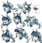  1girl ;d absurdres animal_ears arknights black_collar clenched_teeth collar expressions feimao_(angelcat) grani_(arknights) grey_hair grin highres horse_ears horse_girl infection_monitor_(arknights) long_hair multiple_views one_eye_closed open_mouth ponytail portrait simple_background smile teeth violet_eyes visor_(armor) visor_lift white_background wide-eyed 