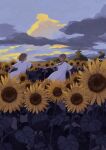  2girls braid brown_hair clouds dress eye_contact flower highres holding_hands joze long_hair looking_at_another multiple_girls original outdoors short_sleeves sunflower white_dress 