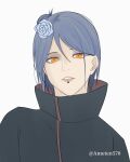  1girl artist_name bangs black_jacket blue_flower blue_hair flower grey_background hair_behind_ear hair_between_eyes hair_bun hair_flower hair_ornament jacket konan_(naruto) koten_(ameten570) naruto_(series) naruto_shippuuden orange_eyes parted_lips short_hair simple_background single_hair_bun solo teeth 