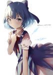  1girl bangs blue_bow blue_dress blue_eyes blue_hair bow cirno closed_mouth collared_shirt dress fairy hair_bow highres looking_at_viewer natsume_suzuri pinafore_dress shirt short_hair short_sleeves simple_background solo touhou twitter_username white_background white_shirt 