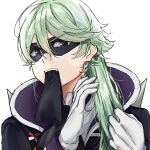  1boy ascot black_ascot black_jacket black_ribbon brushing_hair delicious_party_precure domino_mask gloves green_hair hair_between_eyes hair_down hand_in_own_hair highres jacket long_hair looking_at_viewer male_focus mask mouth_hold narcistoru precure ribbon simple_background solo spikes supportasse teeth upper_body upper_teeth violet_eyes white_background white_gloves yufu_kyouko 