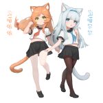  2girls absurdres animal_ear_fluff animal_ears black_footwear black_pantyhose black_skirt blue_eyes brown_hair cat_ears cat_girl cat_tail chack520 green_eyes grey_hair hair_intakes hairband highres leg_up long_hair low-tied_long_hair midriff multiple_girls open_mouth original pantyhose pleated_skirt ribbon school_uniform serafuku shirt shoes short_sleeves simple_background skirt smile standing standing_on_one_leg tail thighband_pantyhose thighs white_background white_pantyhose white_shirt 