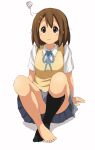  1girl arm_support asymmetrical_legwear barefoot black_socks blue_ribbon blue_skirt blush brown_eyes brown_hair closed_mouth collared_shirt convenient_leg hair_ornament hairpin highres hirasawa_yui hirondo k-on! kneehighs miniskirt neck_ribbon no_shoes pleated_skirt ribbon school_uniform shirt short_hair short_sleeves simple_background sitting skirt socks solo squiggle toenails toes vest white_background white_shirt yellow_vest 