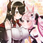  2girls animal_ears bare_shoulders black_bow black_hair bow breasts closed_mouth commentary demon_girl demon_horns demon_wings detached_sleeves flat_chest freckles frilled_shirt frills gradient gradient_background hair_ornament hair_over_one_eye hairclip highres horns indie_virtual_youtuber itou_life_(vtuber) large_breasts long_hair looking_at_another maid_headdress minatsuki_lisa multicolored_hair multiple_girls orange_hair pink_hair pout rabbit_ears rabbit_girl rabbit_tail red_bow shiny shiny_hair shirt tail thick_eyebrows tomari_mari twintails two-tone_hair virtual_youtuber wings 