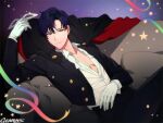  1boy artist_name bishoujo_senshi_sailor_moon black_hair cape collared_shirt gearous gloves looking_at_viewer mask mask_removed partially_unbuttoned partially_undressed shirt short_hair signature solo tuxedo tuxedo_kamen white_gloves white_shirt 