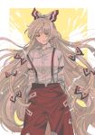  1girl bangs bow closed_mouth collared_shirt commentary_request feet_out_of_frame fujiwara_no_mokou grey_hair hair_bow hands_in_pockets highres long_hair long_sleeves looking_at_viewer noriuma ofuda ofuda_on_clothes pants red_bow red_eyes red_pants shirt solo suspenders suspenders_slip touhou two-tone_bow very_long_hair white_bow white_shirt 